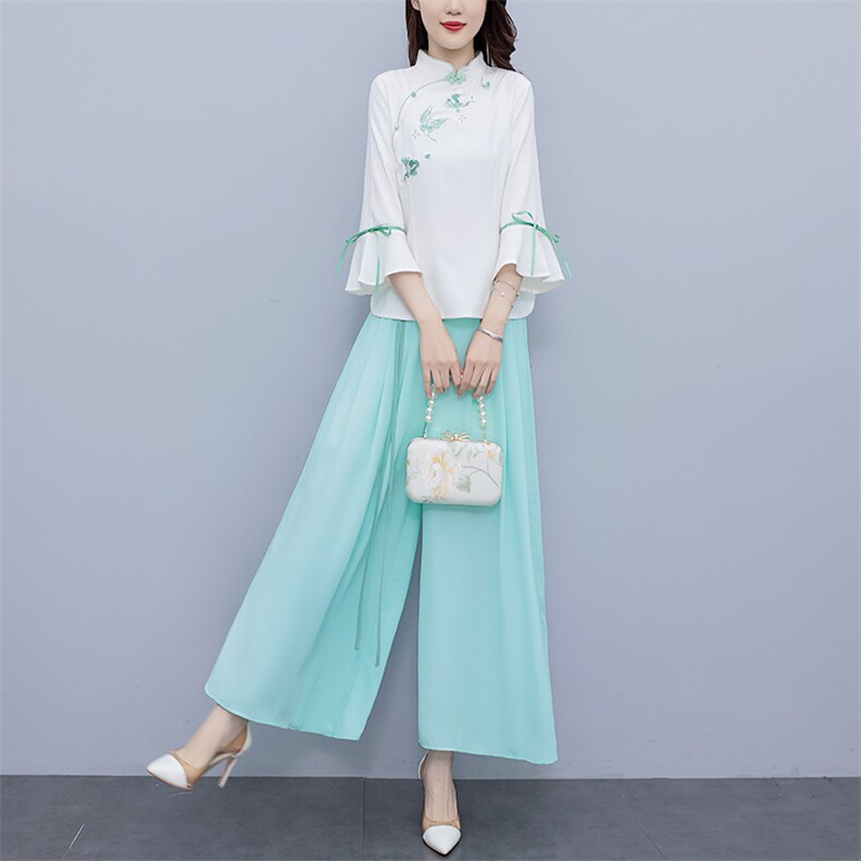 芷墨新款时尚复古俩件套套装中式盘扣上衣裤子套装改良日常汉服女,女装套装/套裙,芷墨服饰