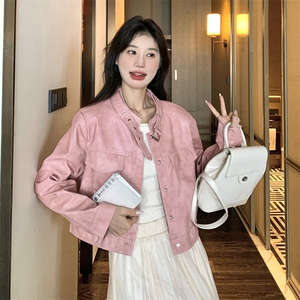 美拉德咖色皮衣短外套女春秋2025新款复古立领机车服休闲夹克上衣图片
