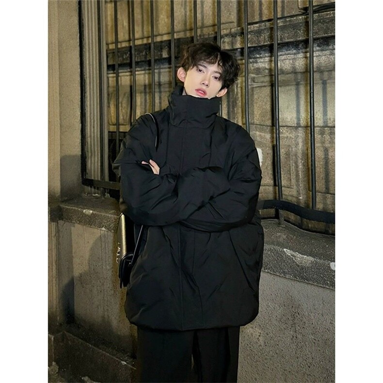 黑色菱形格羽绒服男款冬季保暖高级感立领棉服情侣美式高街面包服图片