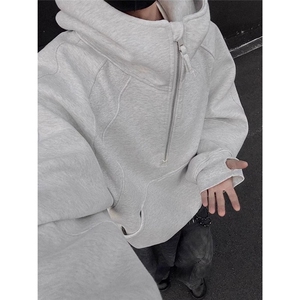 美式潮流半拉链连帽重磅套头男女卫衣纯色宽松百搭上衣WY75-P54图片