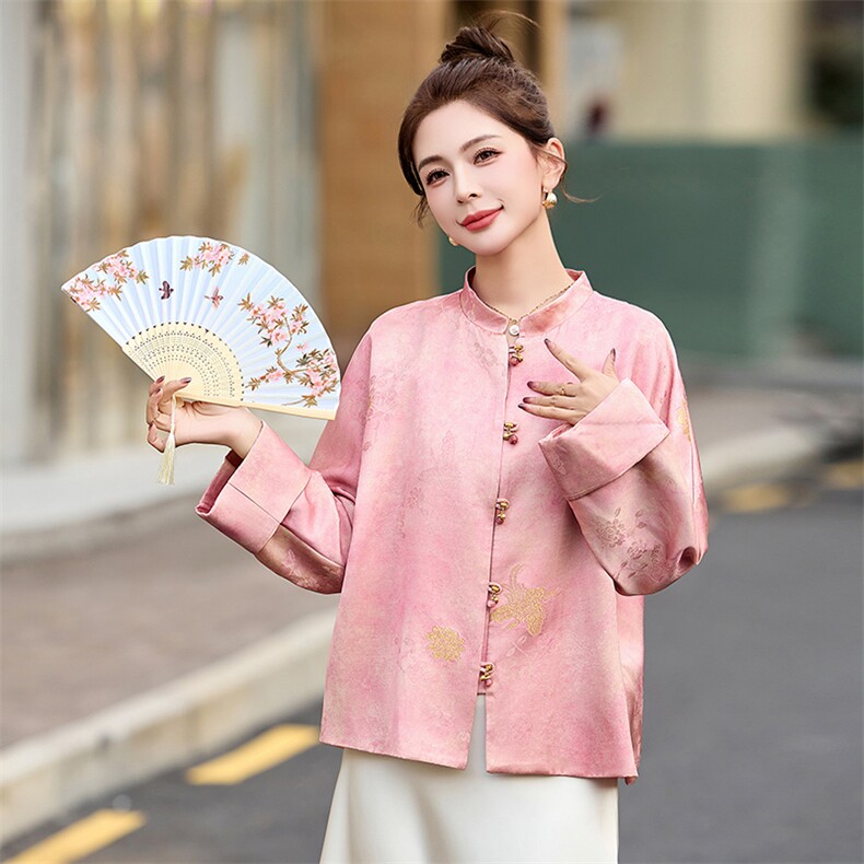 粉色新中式国风刺绣外套女2025春季新款复古盘扣小个子唐装上衣潮,女装短外套,美沁
