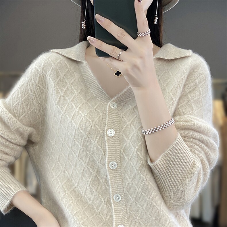 25新款100%纯羊毛开衫女POLO领提花毛衣针织衫外套宽松羊绒衫上衣,女装羊毛衫,邓利维