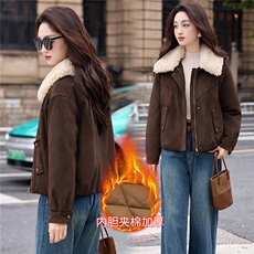 现货2025年冬季新款麂皮绒加棉棉衣羊羔毛毛领时尚棉衣，女装棉衣/棉服，悦祺