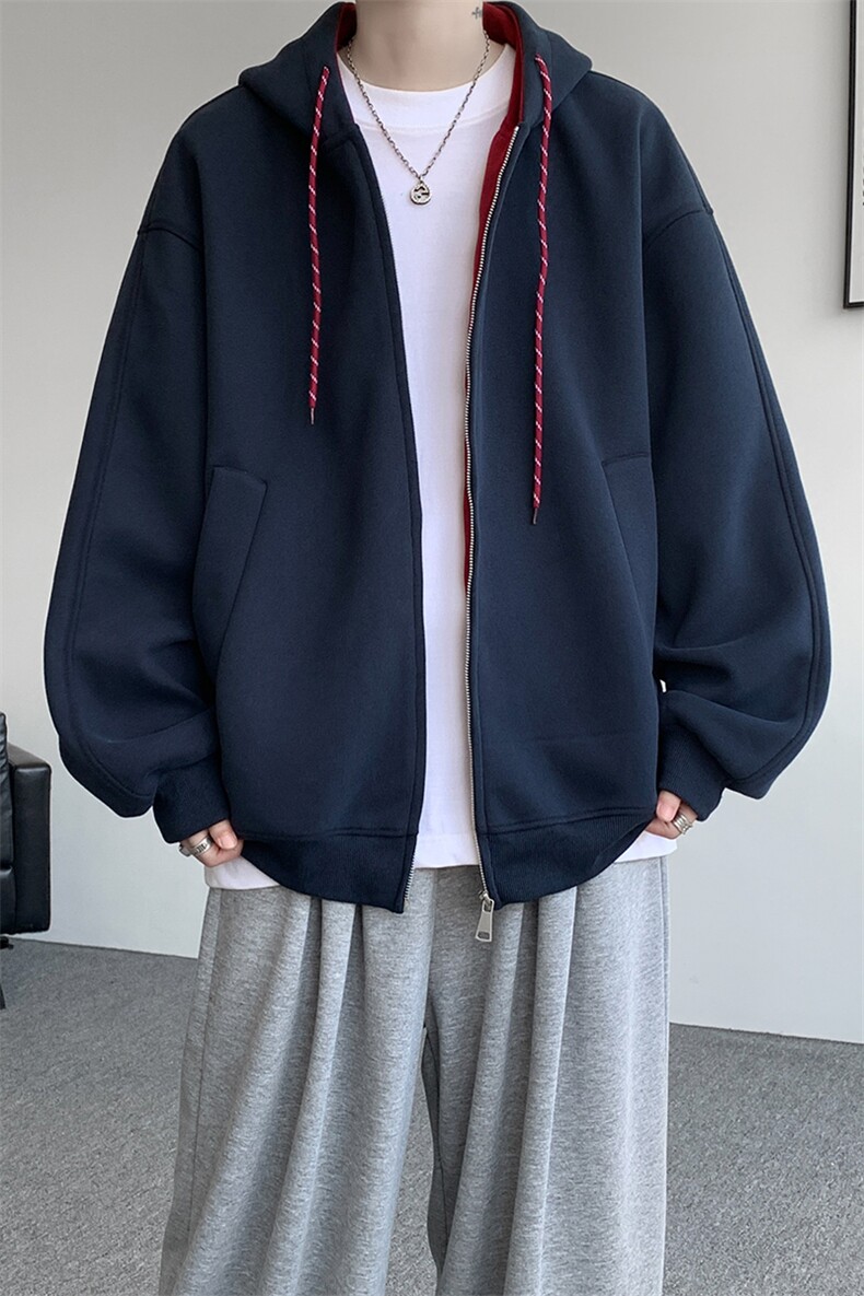 8XL-M秋连帽卫衣男宽松休闲纯色拉链开衫外套拼色帽衫运动WY27P65,女装短外套,电商D206-1