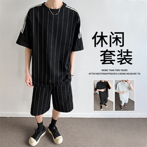 套装t恤男夏季薄款条纹款篮球休闲运动短袖短裤男装一套装图片
