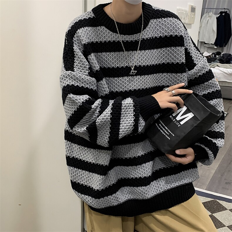 条纹毛衣男秋冬慵懒日系宽松外套复古潮牌长袖针织衫MY07128-P48,男装针织衫/毛衣,星座308B-1