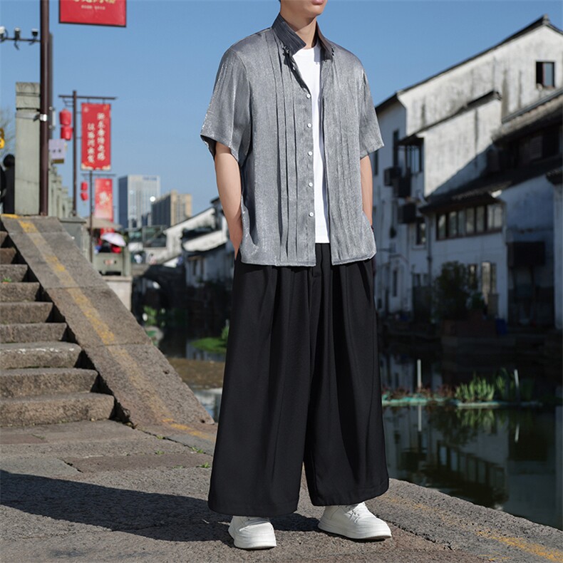 宽松风条纹褶皱轻薄透气亮面夏季休闲盘扣立领短袖衬衫30507,男装衬衫,星座305A（原312A-1）