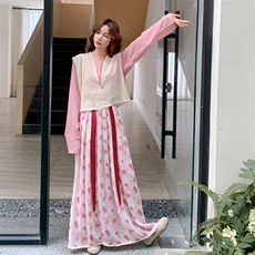氛围感减龄镂空钩花马甲套装裙女秋2025新款衬衫印花半身裙三件套，女装套装/套裙，2C028