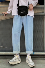 松紧腰浅色港风休闲牛仔裤男士潮牌松阔腿裤子1008，男装牛仔裤，星座1008