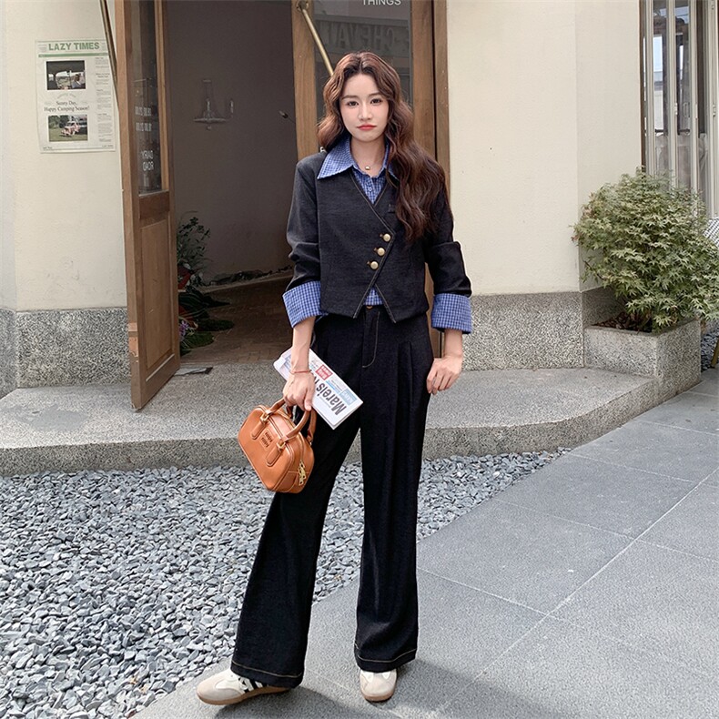 春装新款假两件格子衬衫领拼接牛仔休闲套装2102P170K278,女装套装/套裙,2C219