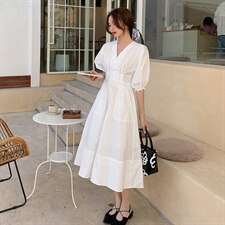 2021夏季新款女装中长款连衣裙简约时尚A字裙V领短袖，女装连衣裙，阿菲诺依