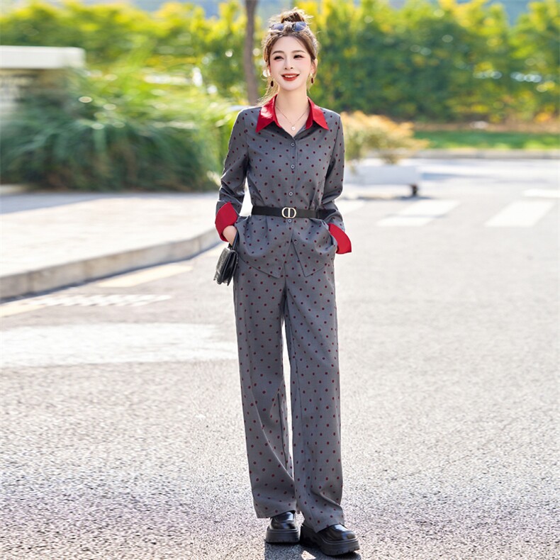 新款休闲时尚套装女2025秋装新款气质显瘦撞色波点两件套裤送腰带,女装套装/套裙,韩美纤衣