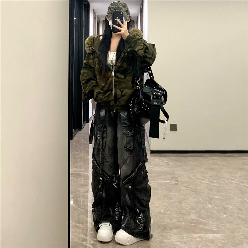 美式迷彩连帽卫衣外套秋季宽松休闲百搭上衣AM6039-P85,女装短外套,星座208-5