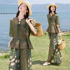 时尚苎麻印花拼接阔腿裤扎染宽松上衣复古风套装女，女装套装/套裙，水衣源