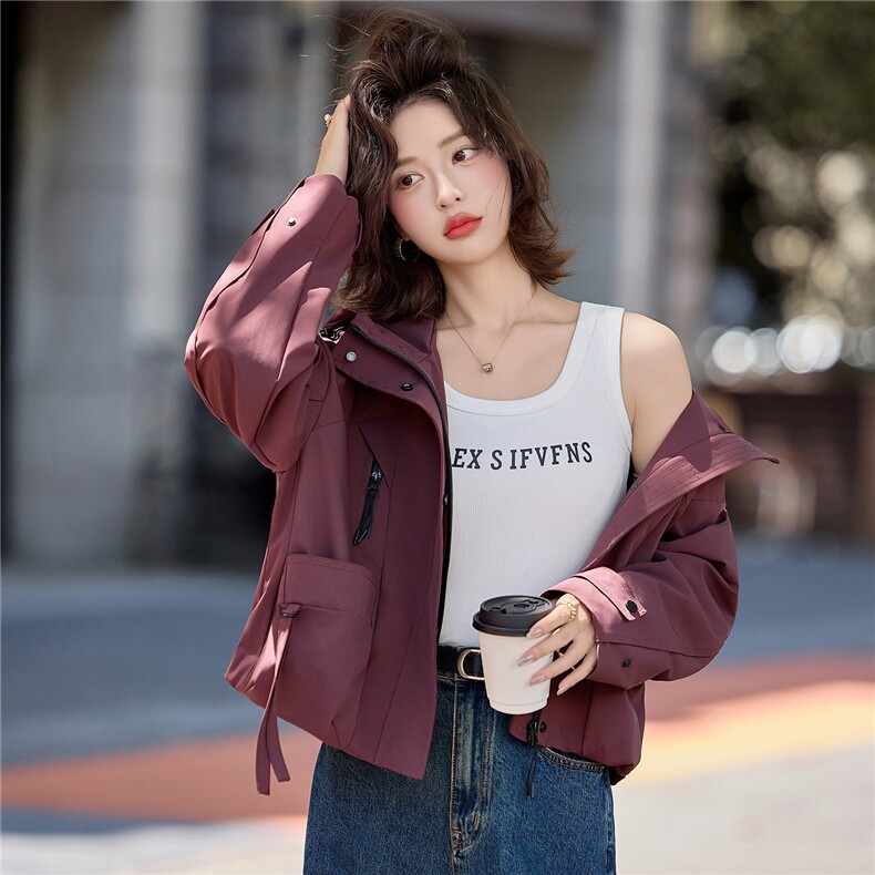 连帽工装风衣夹克外套女2025秋季宽松休闲上衣短款小个子外套女,女装短外套,E百度