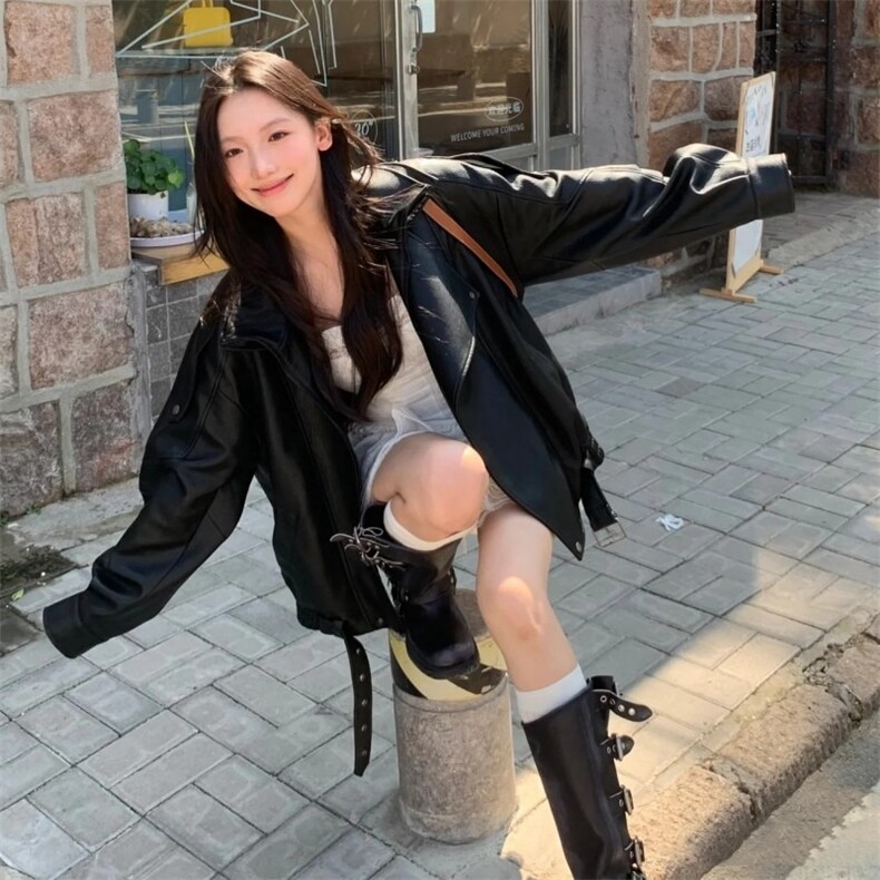 PU9152-P70美式复古重磅黑色PU皮衣外套女设计感宽松机车服夹克,男装皮衣,电商B323A