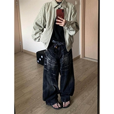 NZK229LL-P51美式复古闪电纹牛仔裤宽松直筒高级感痞帅阔腿裤，男装牛仔裤，星座1007（原301D）