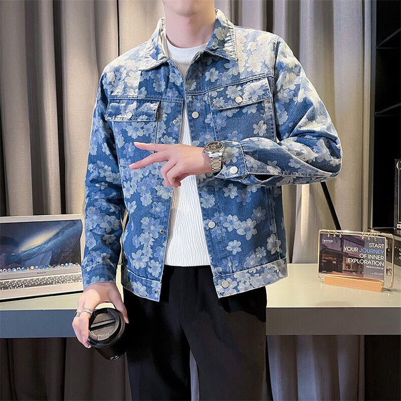 2025春季新款水洗男士牛仔夹克痞帅小伙个性提花印花图案外套,男装夹克,电商A225