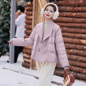 针织拼接羽绒服女欧货2024冬季新款时尚减龄百搭大翻领白鸭绒外套图片
