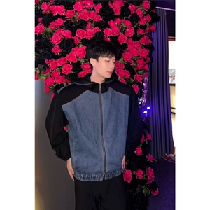 牛仔拼接短款垫肩外套男春秋hiphop美式高街潮牌痞帅宽松连帽夹克图片