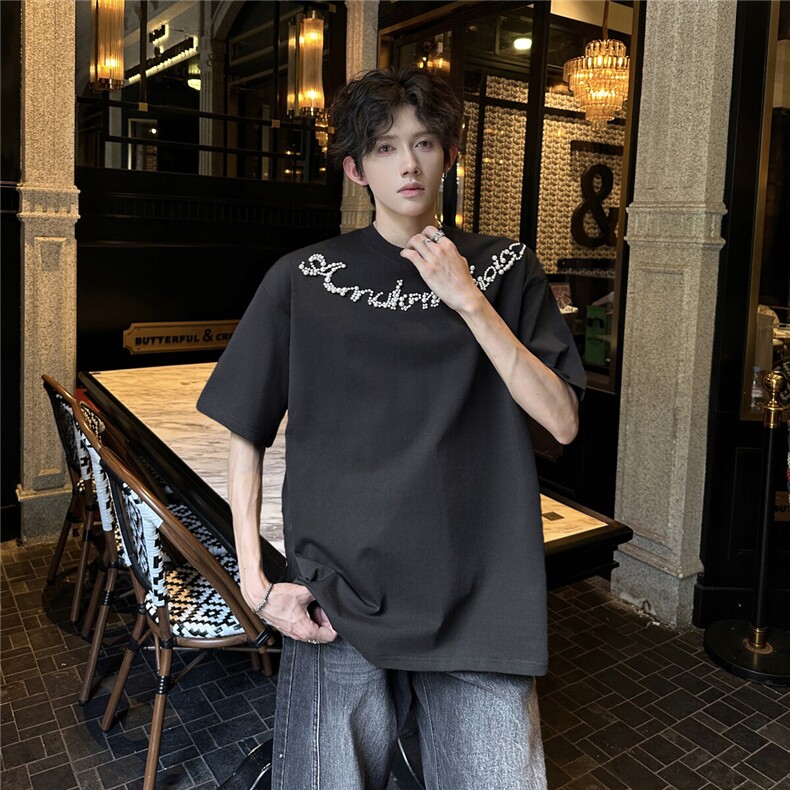 2025夏装美式潮牌街头钉珠工艺小众圆领短袖T恤潮A025-DT20-P38,男装T恤,电商A025