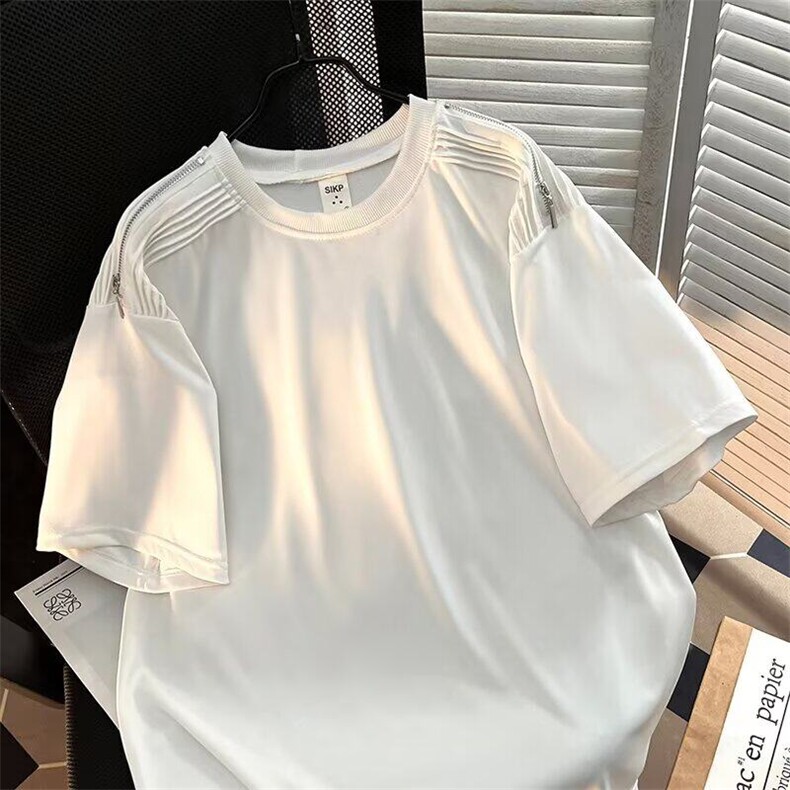 T恤男女短袖韩版潮流肩膀拉链帅气2025夏季ins宽松体恤ST545-P35,男装T恤,星座412-3