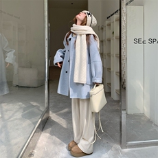 蓝色双面羊毛大衣女中长款秋冬新款韩系小个子学院风减龄毛呢外套，女装双面呢大衣，网红馆