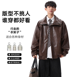 春季潮牌皮衣美式复古情侣翻领PU皮休闲宽松皮夹克外套JK0263-P78图片