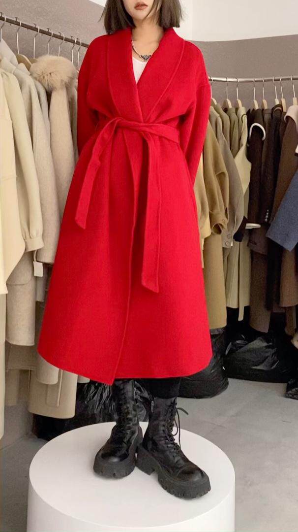 元气正红色腰带款羊绒大衣，其它，慕容神话