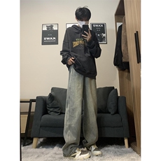 港风美式高街复古水洗抽绳磨白阔腿牛仔裤XZ213-NZBZ01-P60控78，男装牛仔裤，星座213