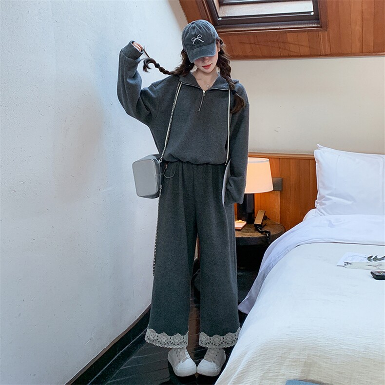 灰色韩系休闲运动卫衣套装女2025春秋季新款蕾丝拼接阔腿裤两件套,女装套装/套裙,2C187