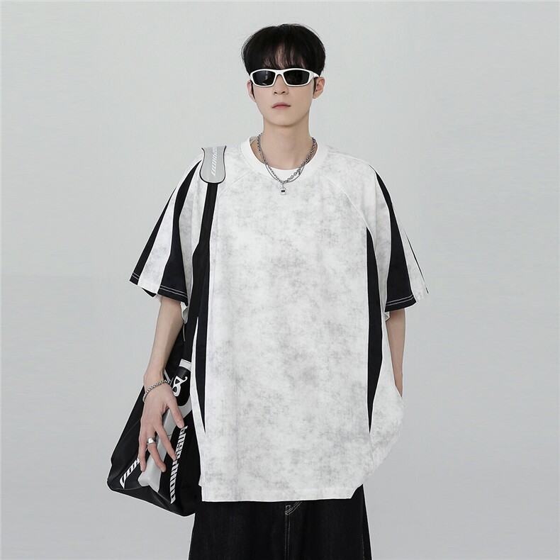 高街撞色拼接时尚脏脏灰百搭美式复古日系潮牌短袖T909-P35,男装T恤,电商C307