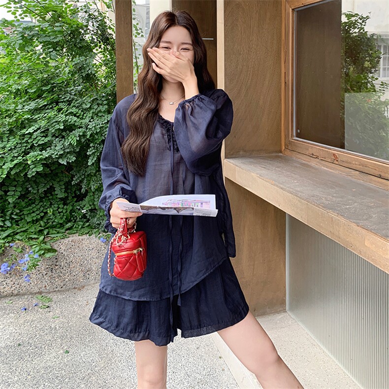 休闲防晒套装女设计感小众长袖衬衣+短裤两件套夏季图片