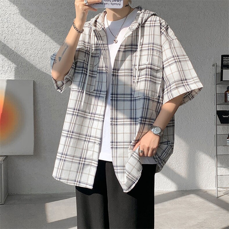 现货T10118-特批42控78活力格子衬衫男女宽松T恤短袖连帽开衫,男装T恤,电商A059