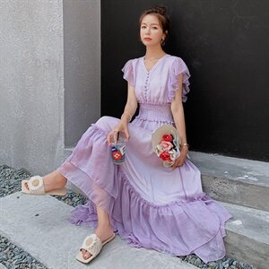 发图！6月初出货！浪漫紫荷叶袖雪纺收腰连衣裙图片