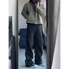 美式高街褶皱做旧牛仔裤男秋季潮牌设计感cleanfit直筒阔腿裤，男装牛仔裤，星座813-2