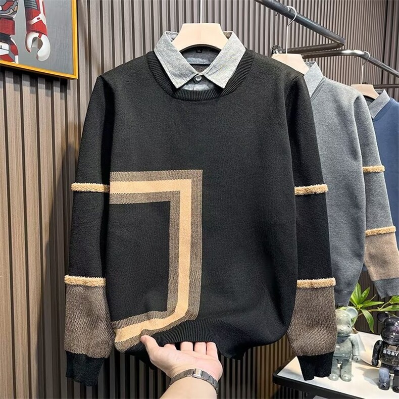 春秋冬款毛衣男拼接假两件打底衫韩版宽松上衣百搭外穿潮图片