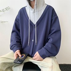 港风假两件撞色拼接连帽开衫卫衣休闲百搭XZ302B-1-WT3458-P57，男装卫衣，星座302B-1