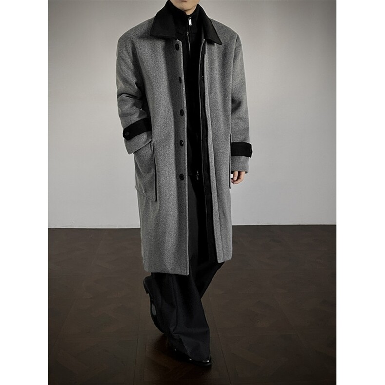 517A-8-Y87-P128冬季韩版老钱风拼接复古毛呢大衣中长款加棉外套，男装毛呢大衣，星座517A-8（原B282）