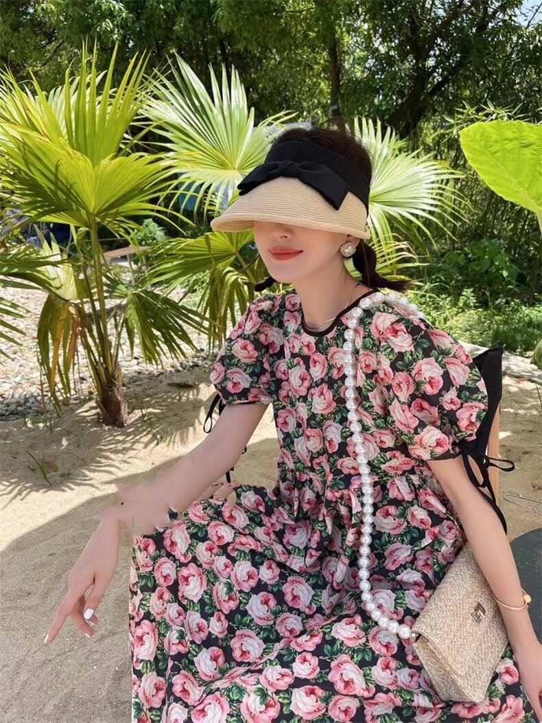Z2161欧洲站夏季新款2021玫瑰花宽松显瘦气质法式连衣裙,女装连衣裙,L·H·X