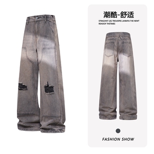 B221 美式ins高街重工艺宽松直筒假破洞牛仔裤LK26647-特P48控88图片