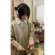 秋冬款~老钱风cleanfit假两件撞色领慵懒风毛衣针织W1333/特P65，男装针织衫/毛衣，电商B350