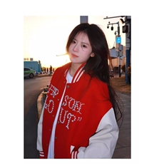 棒球服外套女春新款珍珠钉珠红色夹克宽松情侣潮牌上衣W6459-P70，男装夹克，星座412-1