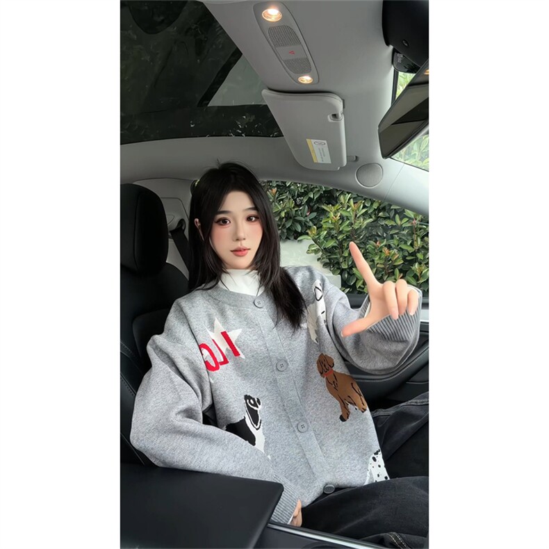 现货美式复古趣味可爱狗狗刺绣慵懒风针织开衫男宽松毛衣外套潮牌,男装针织衫/毛衣,星座302B