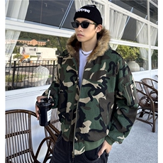 图两面穿座山雕外套男款毛领连帽工装迷彩棉服加绒羊羔毛棉服，男装棉衣，电商C307