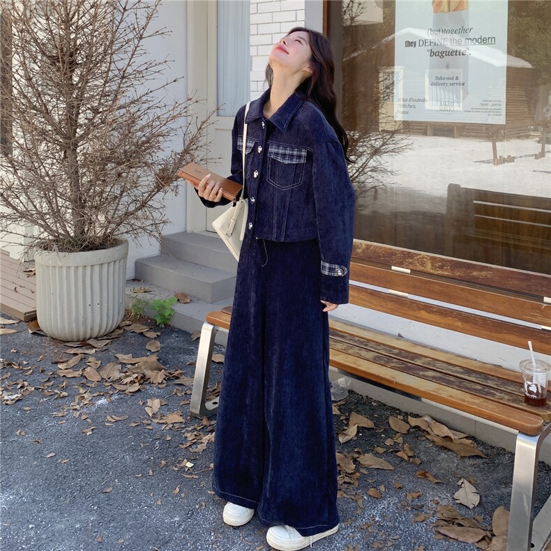 学院风格子牛仔外套阔腿裤两件套女秋冬2025新款巨好看超漂亮套装,女装套装/套裙,2C012
