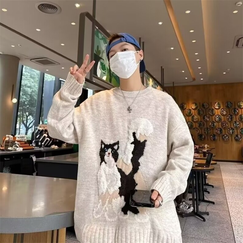 日系复古chic港味软糯猫咪毛衣外套男女秋冬小众oversize针织上衣,男装针织衫/毛衣,星座410-7