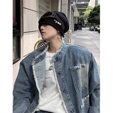 做旧毛边牛仔外套痞帅设计感男女复古水洗渐变宽松夹克上衣JK615，男装工装外套，星座516A