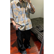 夏季日系短袖格子衬衫男女潮牌半袖衬衣百搭情侣寸衣男女~C5212，男装衬衫，星座601-2