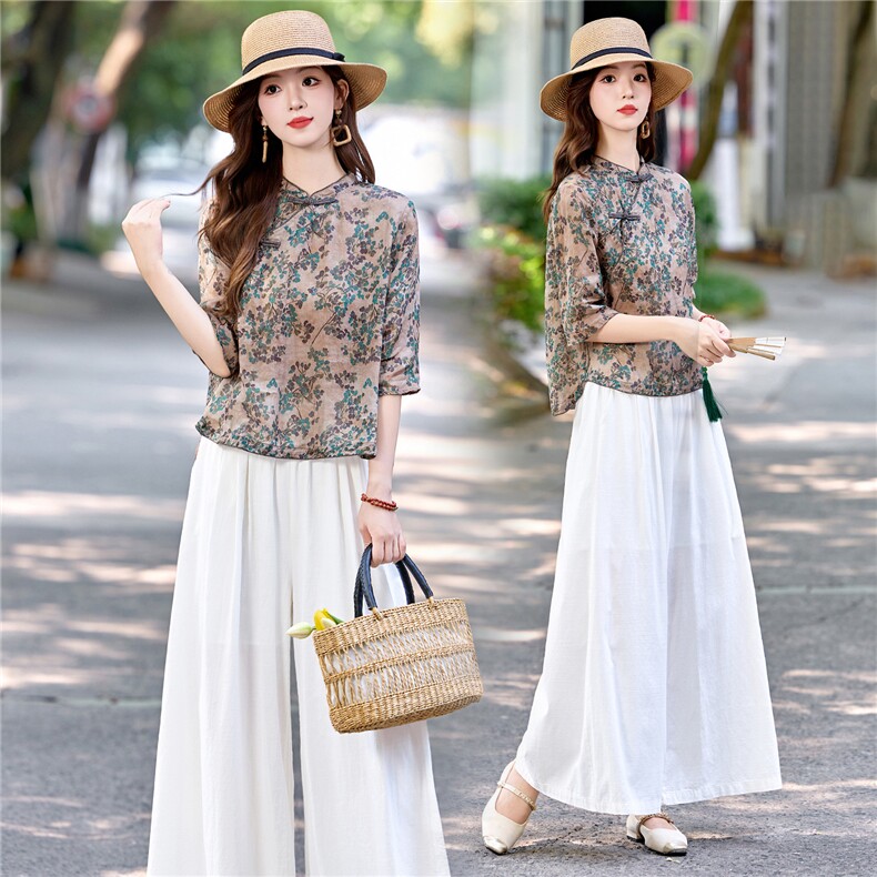 新中式复古国风套装女2025夏季新款洋气印花盘扣衬衫阔腿裤两件套，女装套装/套裙，妙形